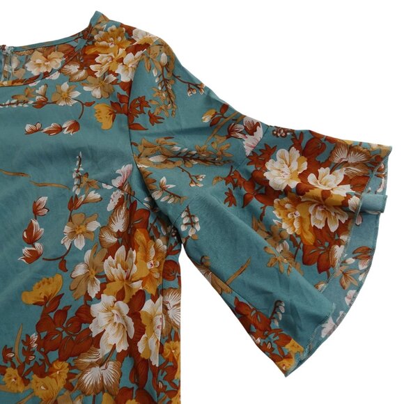 Grawell Green Brown Floral Bell 3/4 Sleeve Blouse Top Women Size XL US Size 12 - Picture 2 of 11